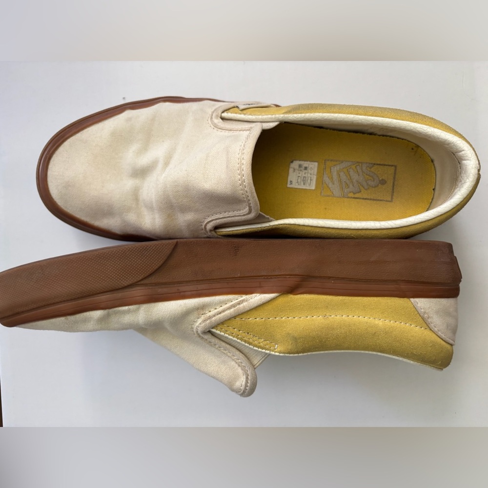 Vans Men's Cream and Yellow Canvas Slip-Ons
